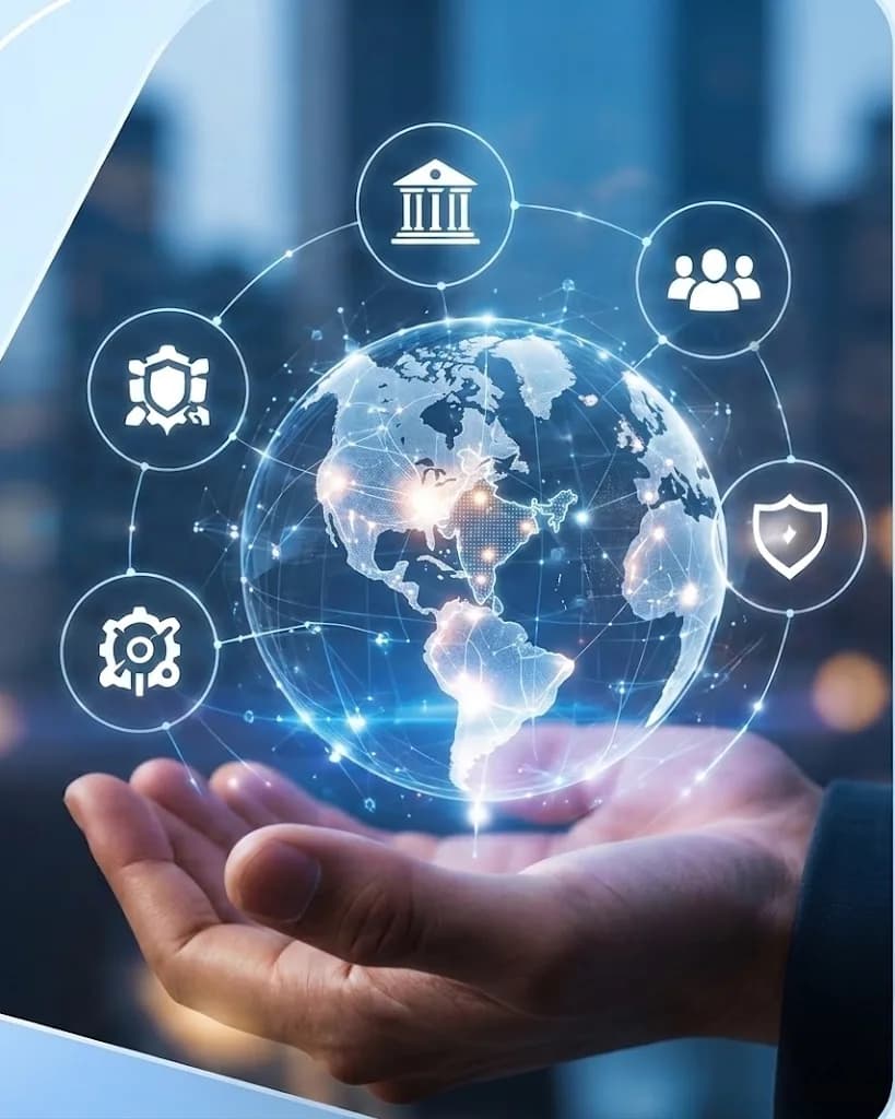 An open hand holding a glowing globe ringed by icons for government, people and security