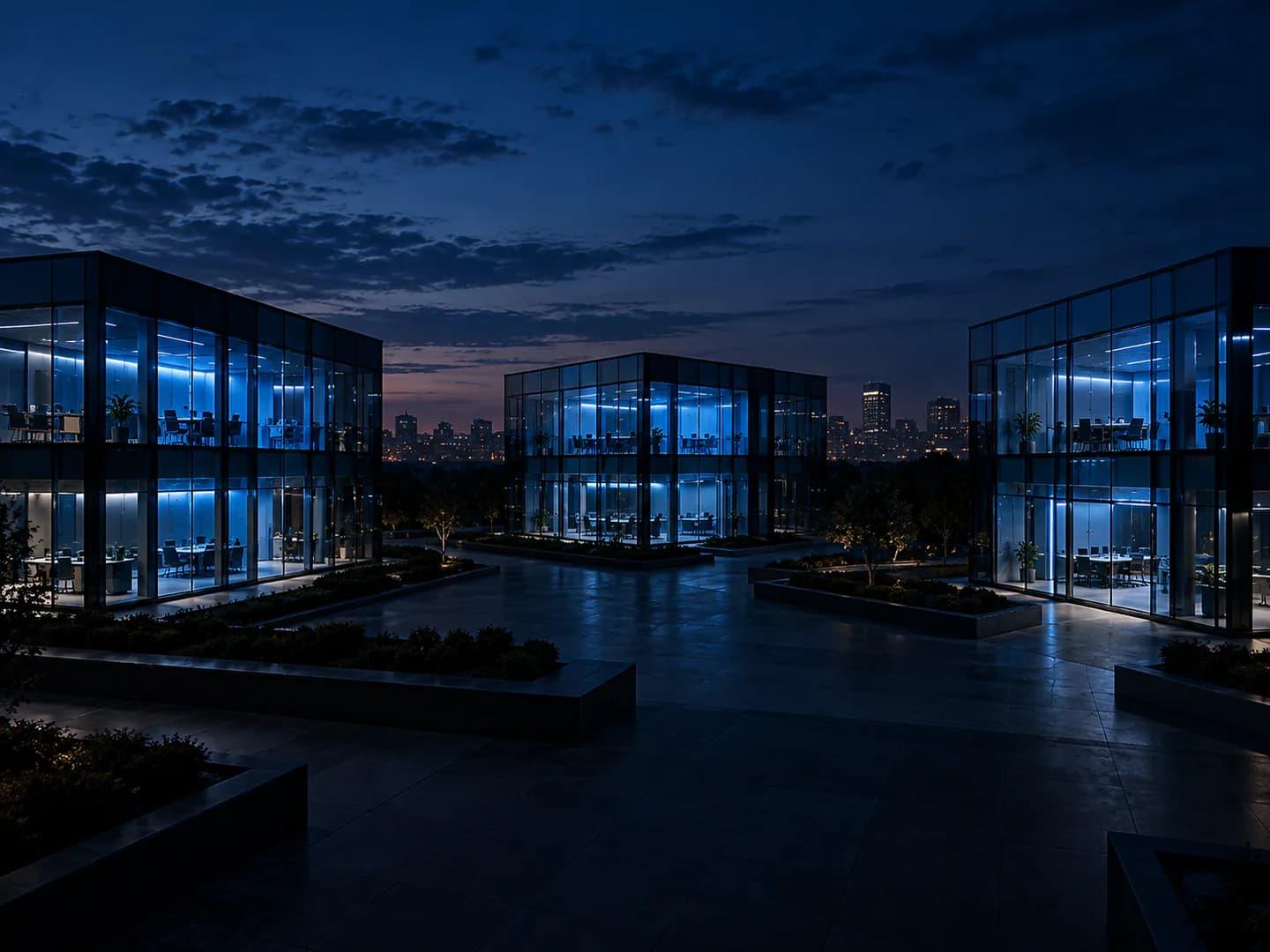 Three separate glass pavilions lit blue from inside on a dark plaza at dusk, with unlit paths between them.