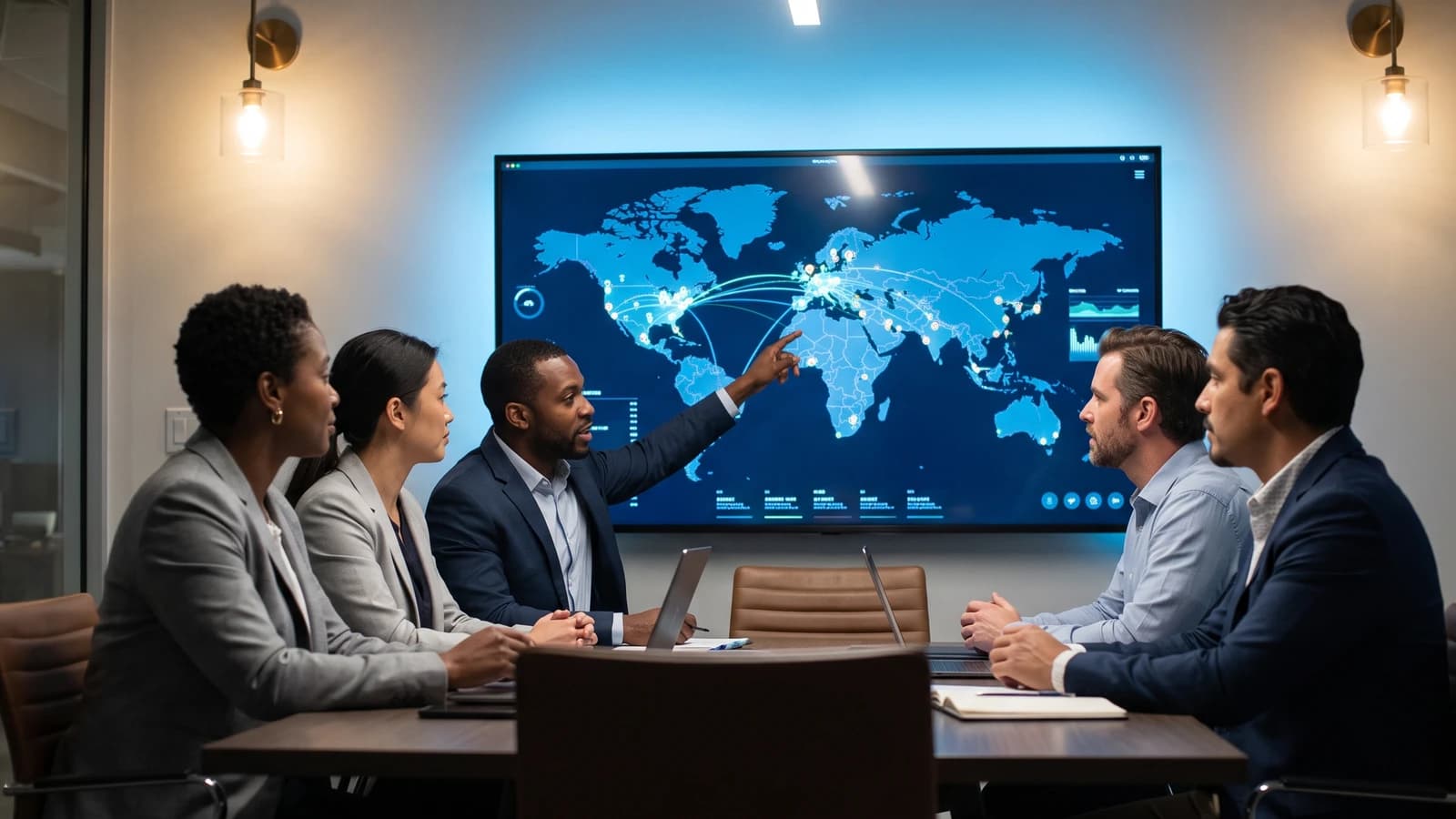 Five colleagues around a meeting table while one points to a world map on a wall screen.