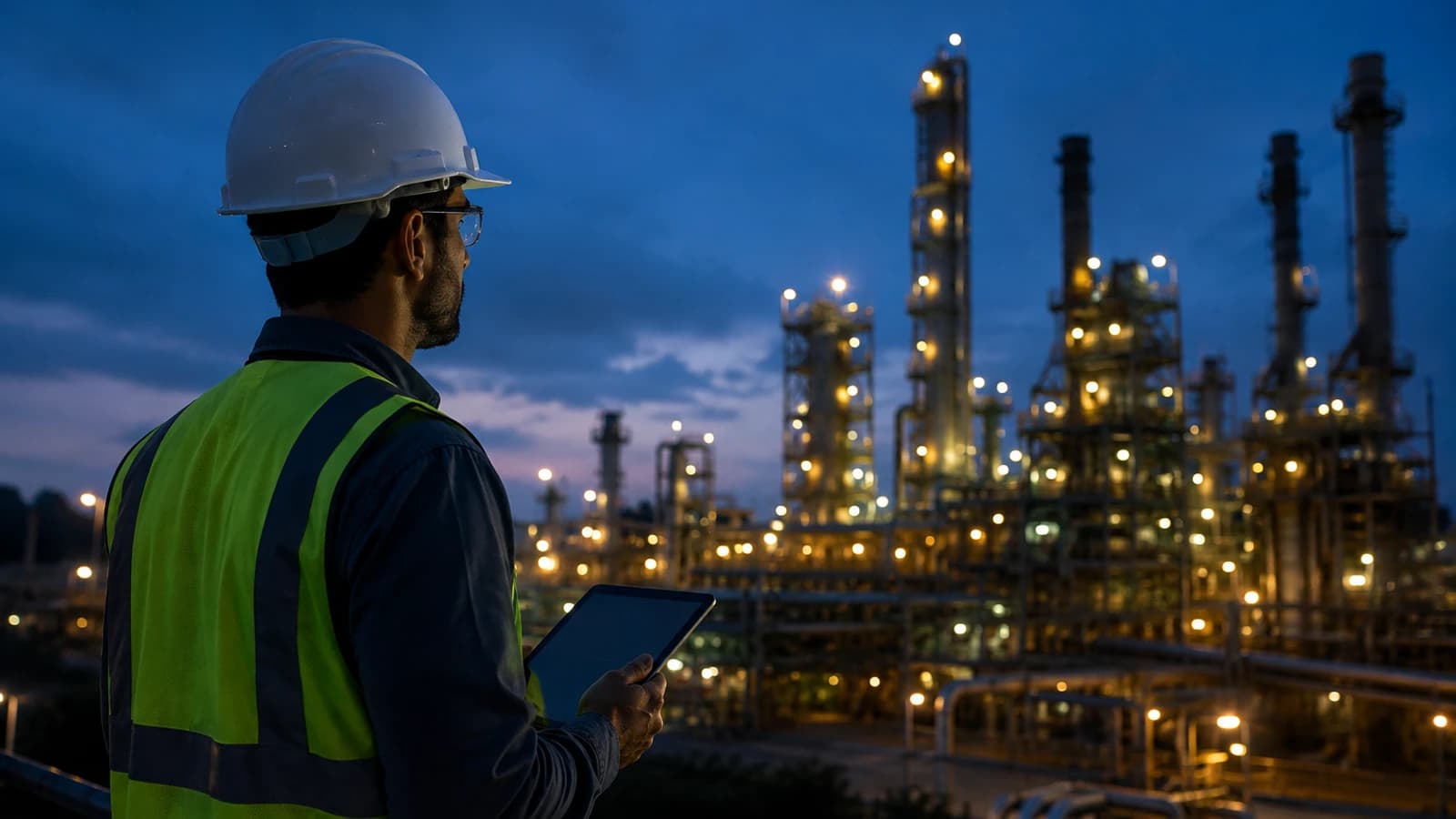 An engineer in a hard hat and high-visibility vest holds a tablet and looks out over a lit industrial plant at dusk.