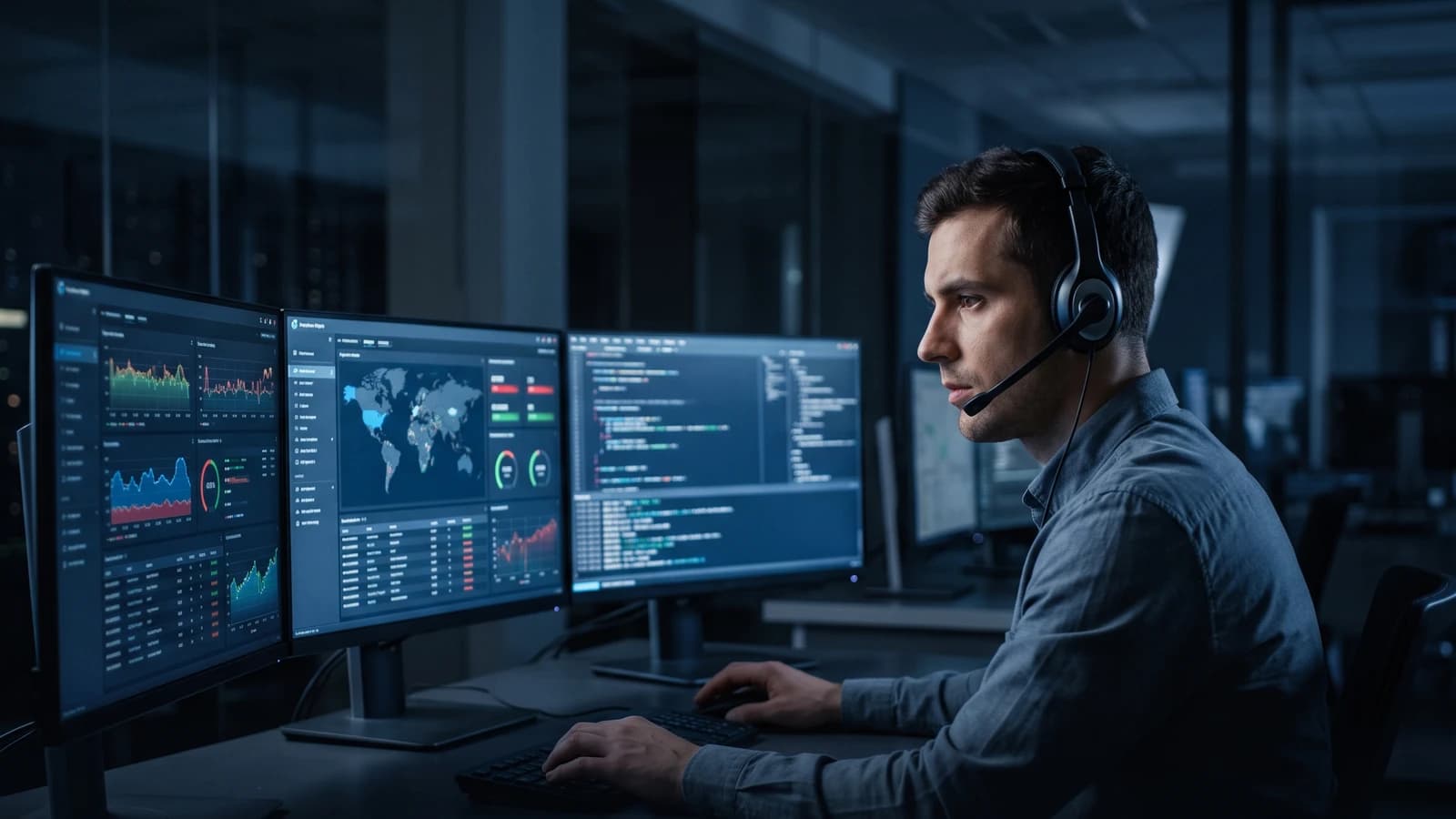 A support engineer wearing a headset at a desk with three monitors showing dashboards and code.