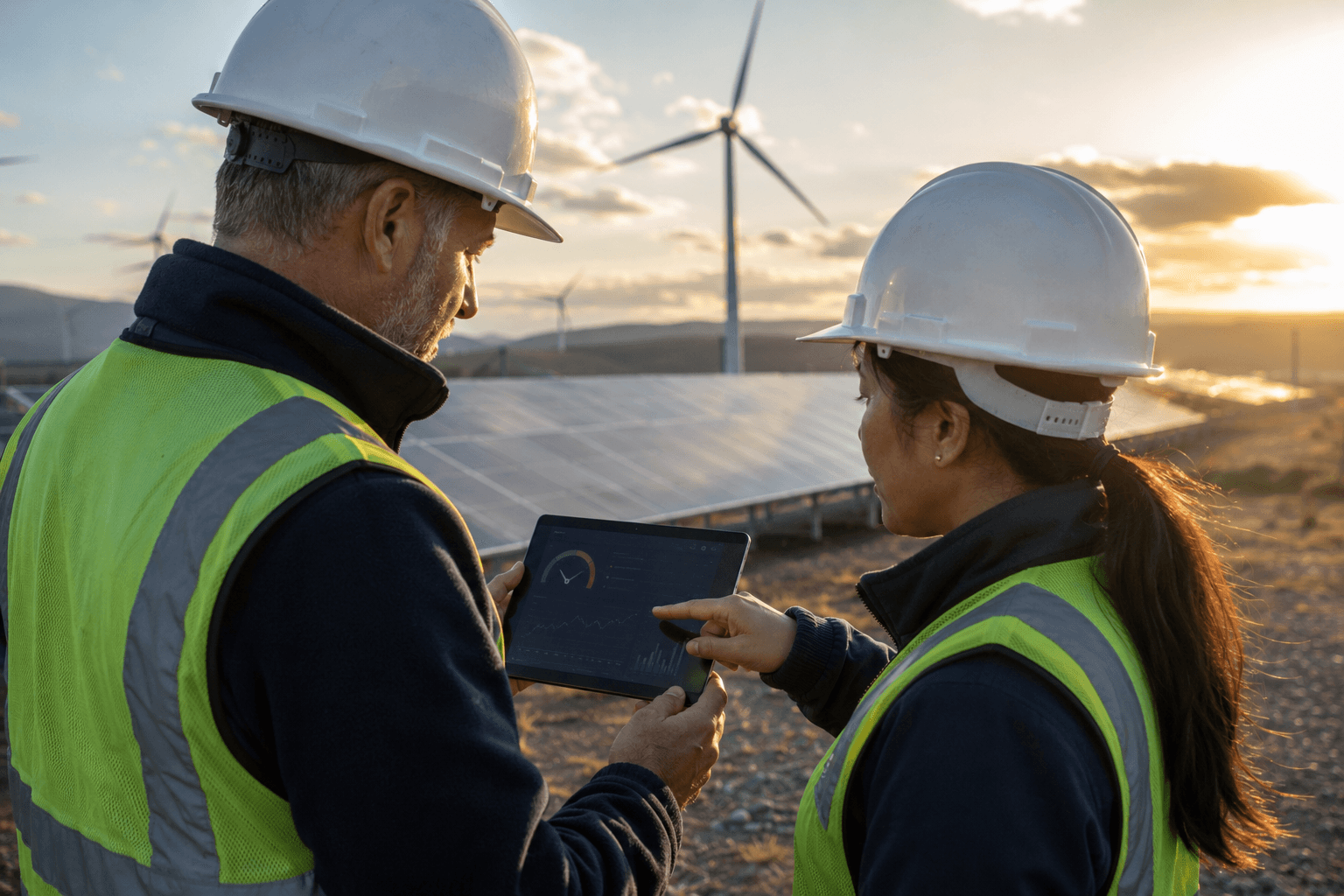 Two engineers in hard hats checking a tablet at a wind and solar site