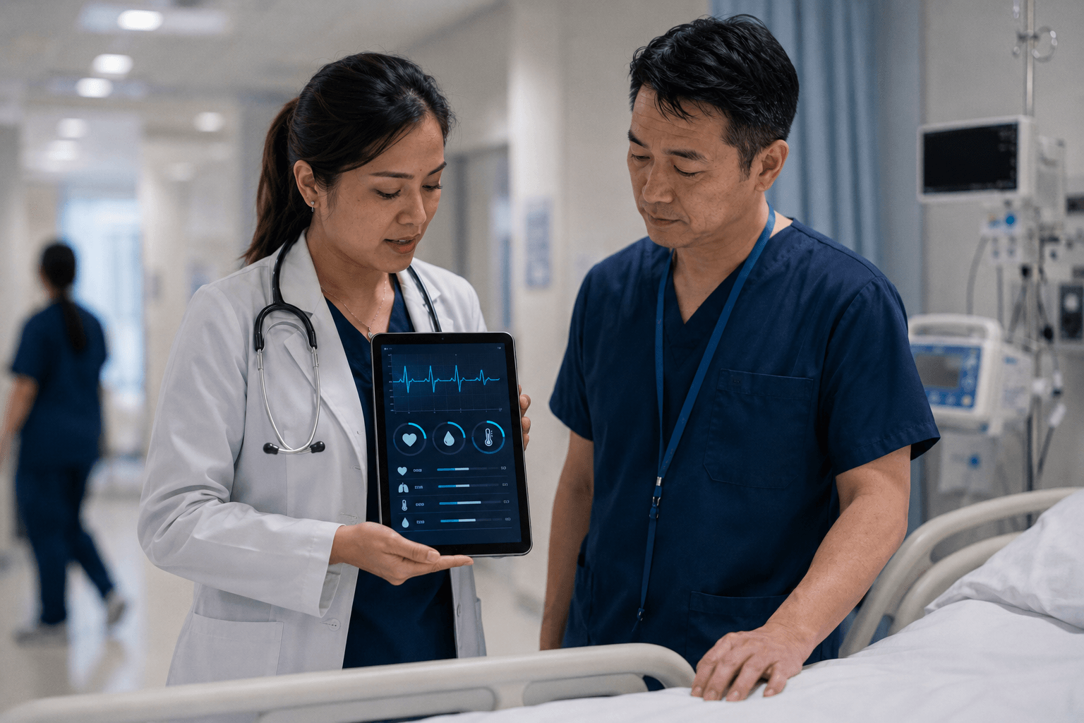 A doctor and a nurse reviewing patient vitals on a tablet in a hospital ward